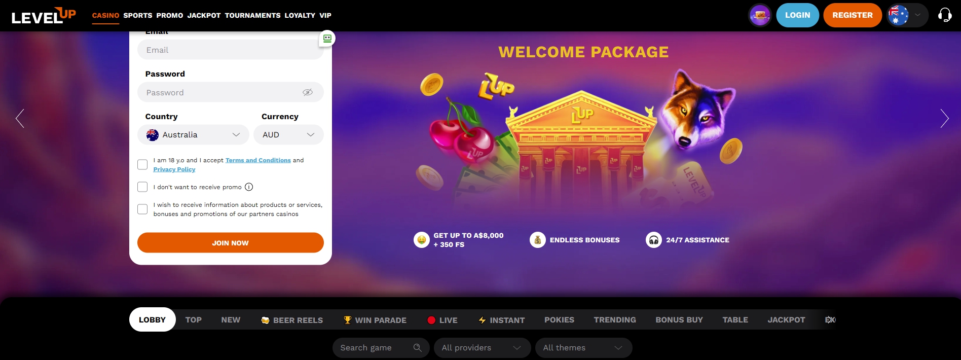 Screenshot of the LevelUp Casino lobby